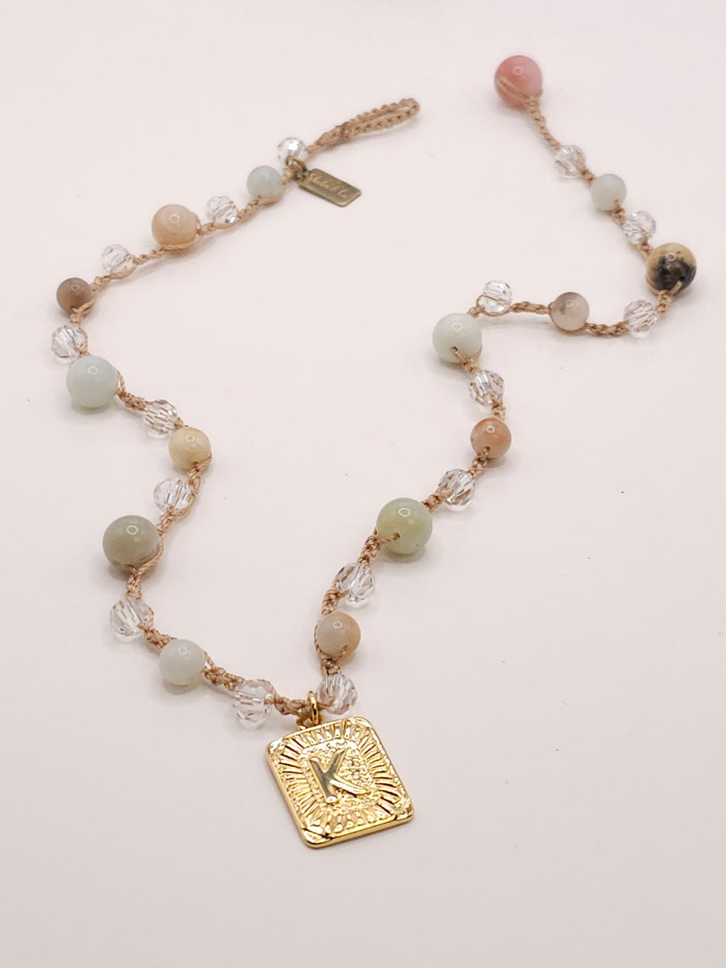 Amazonite and Crystal Initial Charm Necklace- GOLD CHARM