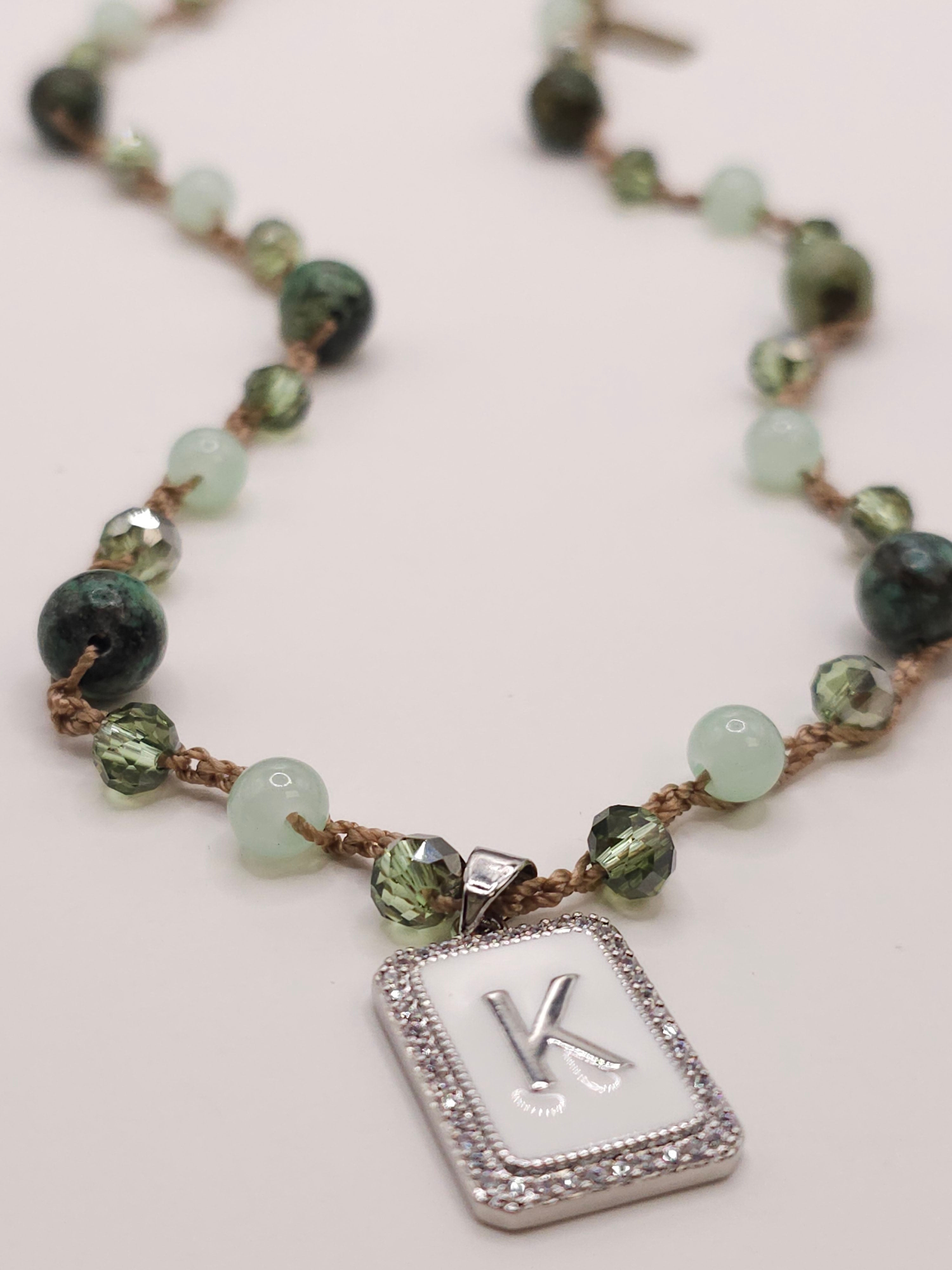 African Turqouise (Jasper) and Crystal Initial Charm Necklace- SILVER CHARM