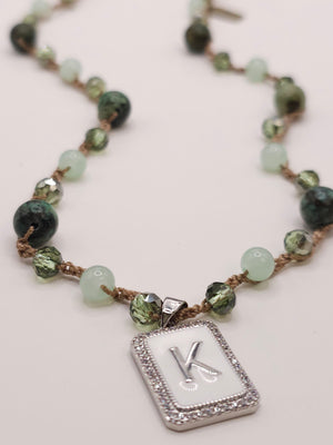 African Turqouise (Jasper) and Crystal Initial Charm Necklace- SILVER CHARM