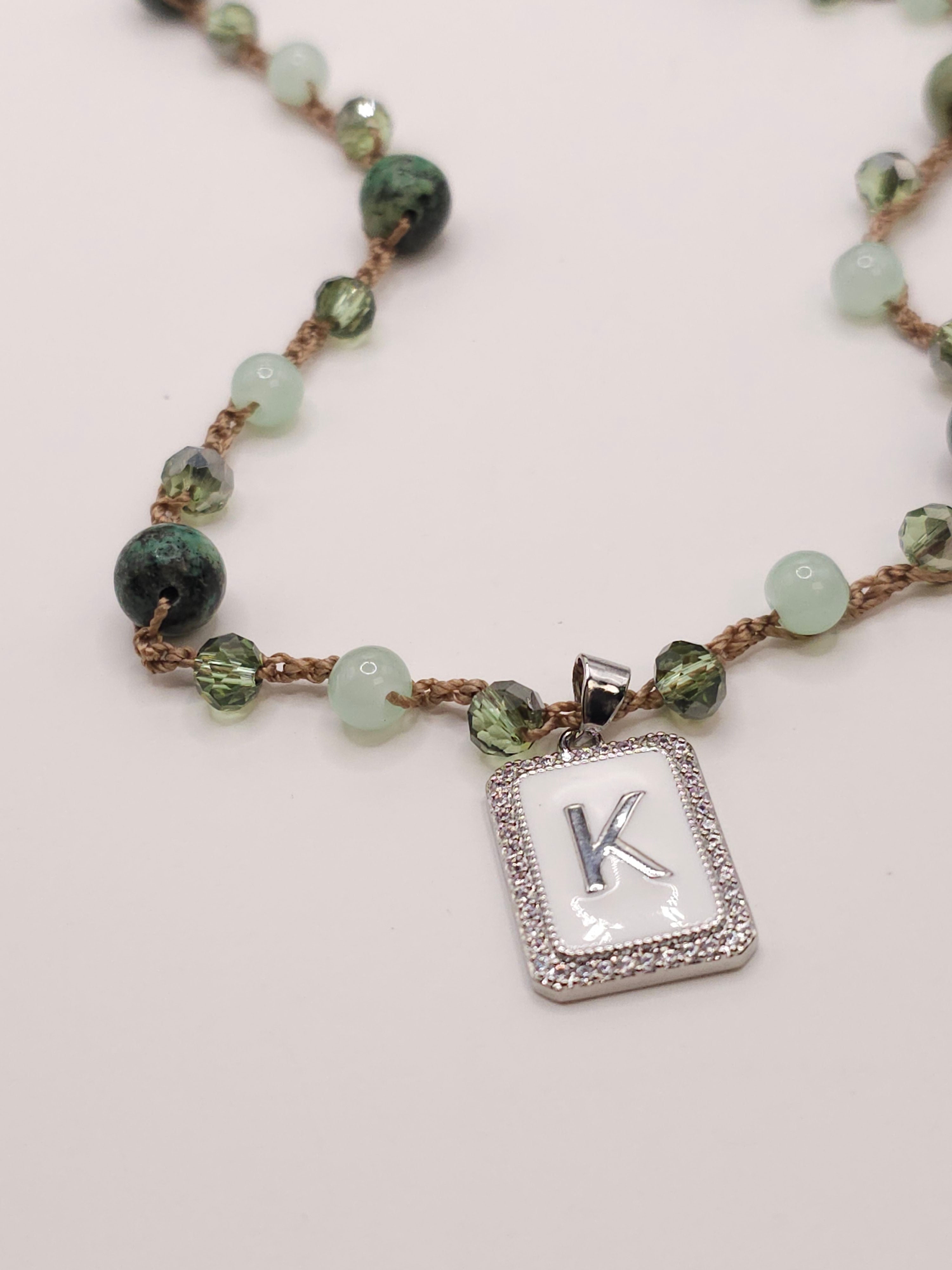 African Turqouise (Jasper) and Crystal Initial Charm Necklace- SILVER CHARM