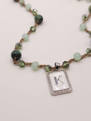 African Turqouise (Jasper) and Crystal Initial Charm Necklace- SILVER CHARM