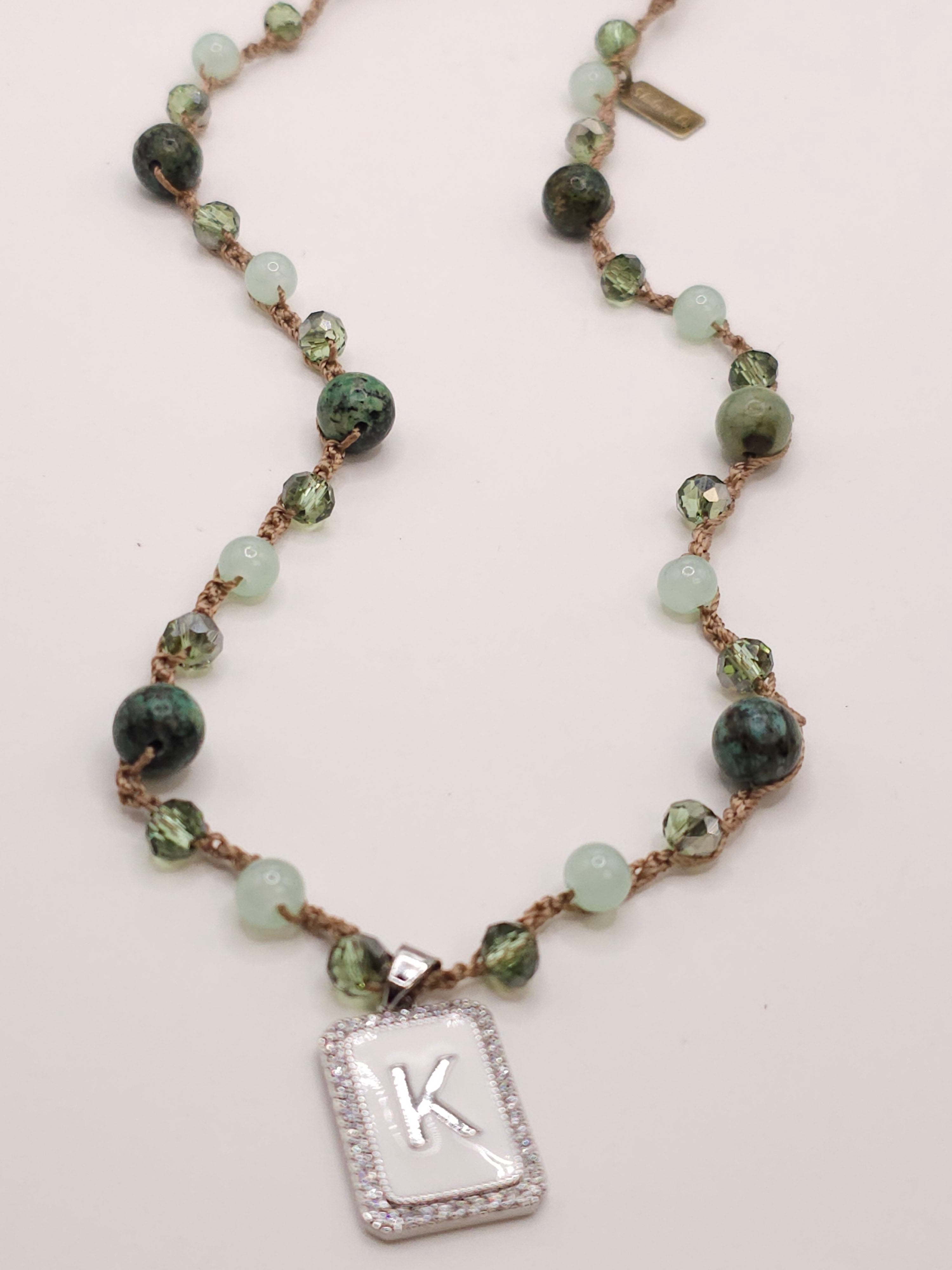 African Turqouise (Jasper) and Crystal Initial Charm Necklace- SILVER CHARM