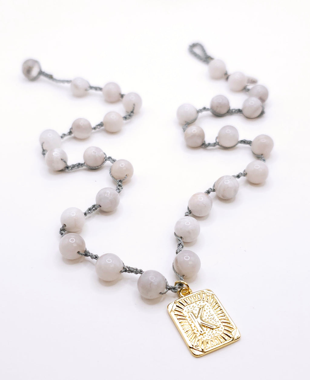 8MM Crazy Lace Agate Initial Charm Necklace- GOLD Charm