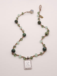 African Turqouise (Jasper) and Crystal Initial Charm Necklace- SILVER CHARM