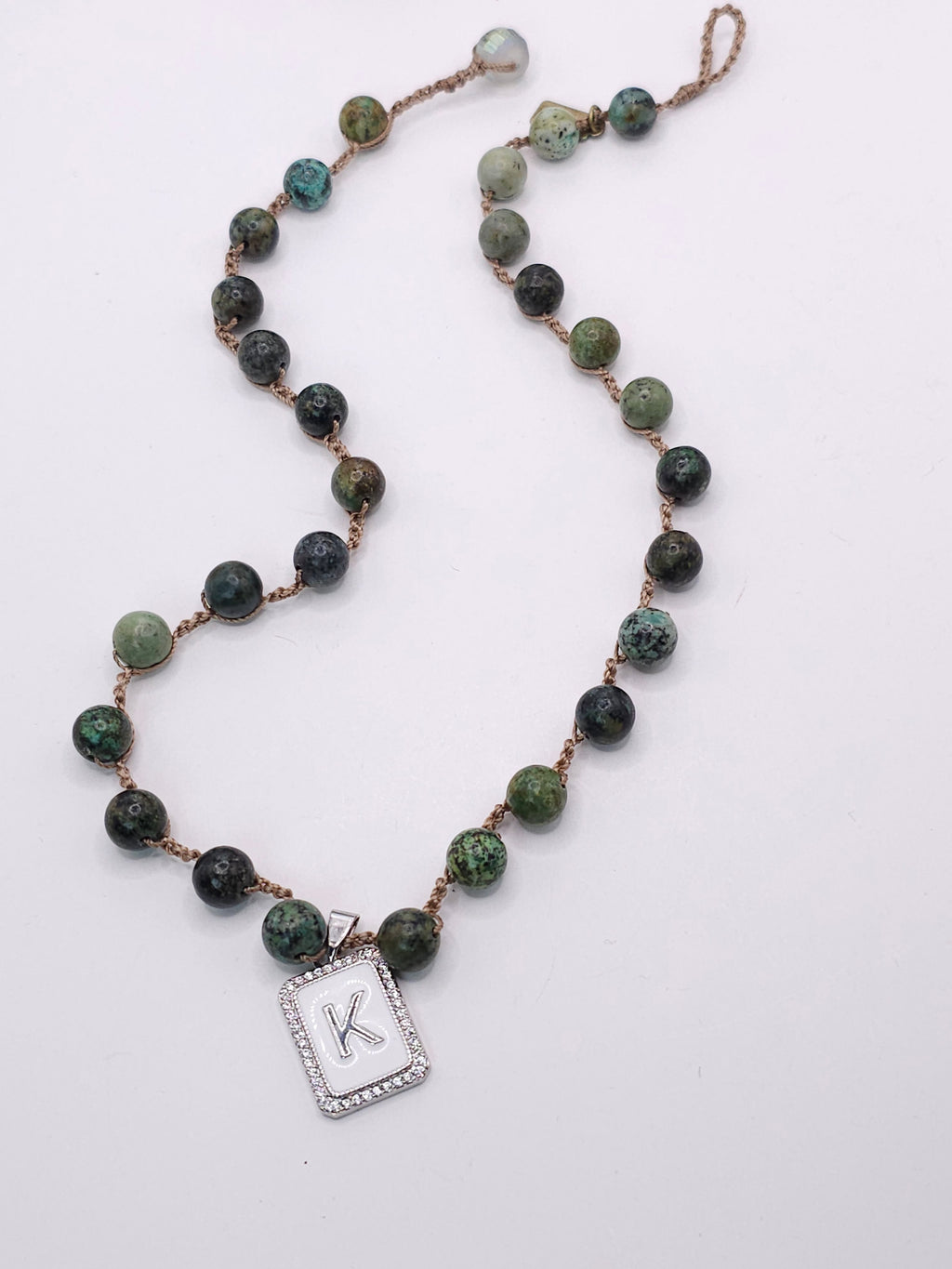 8MM African Turqouise (Jasper) Initial Charm Necklace- SILVER Charm